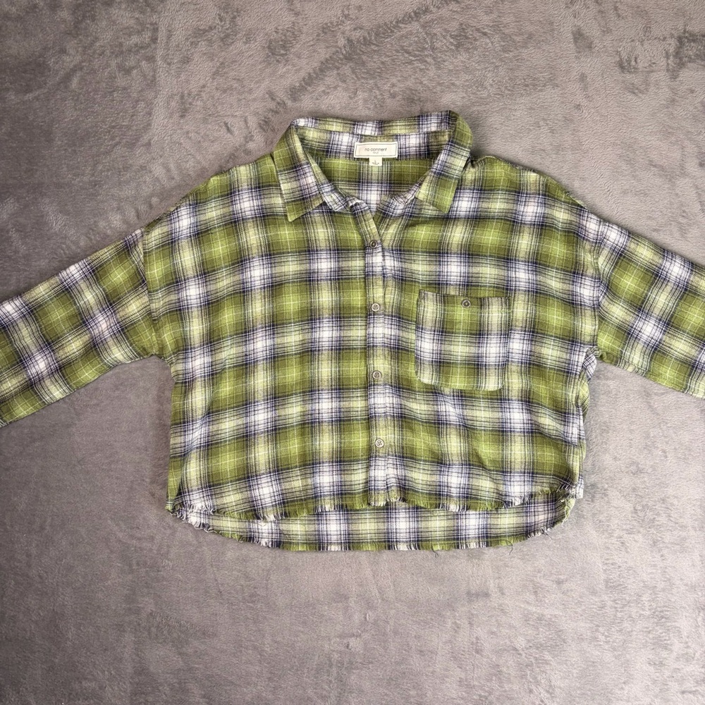 No Comment Cropped Flannel Shirt Women's Large Green Plaid Button Up Grunge